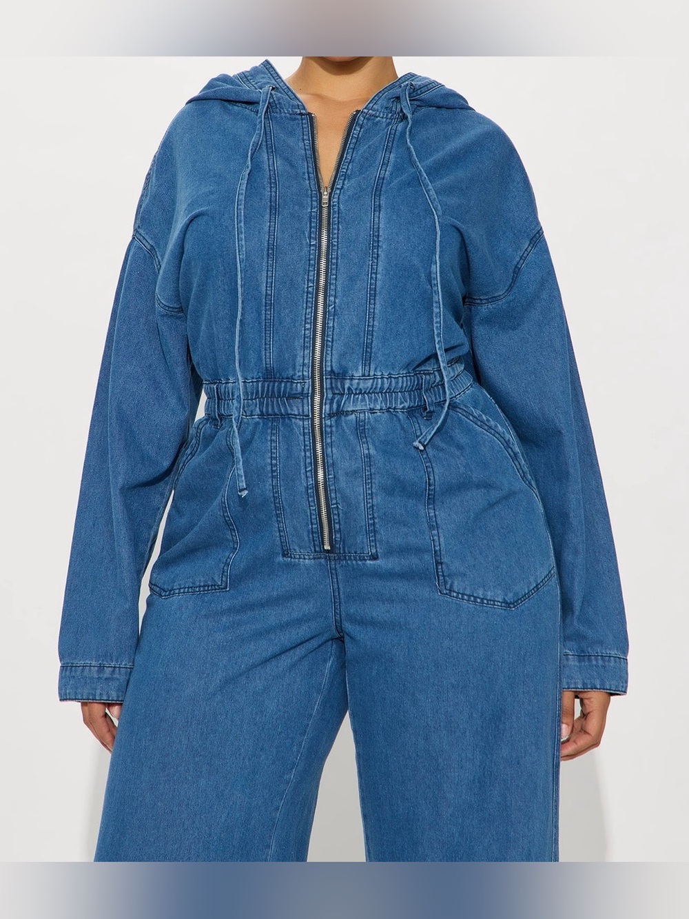Fashion Nova Blue Denim Hooded Jumpsuit